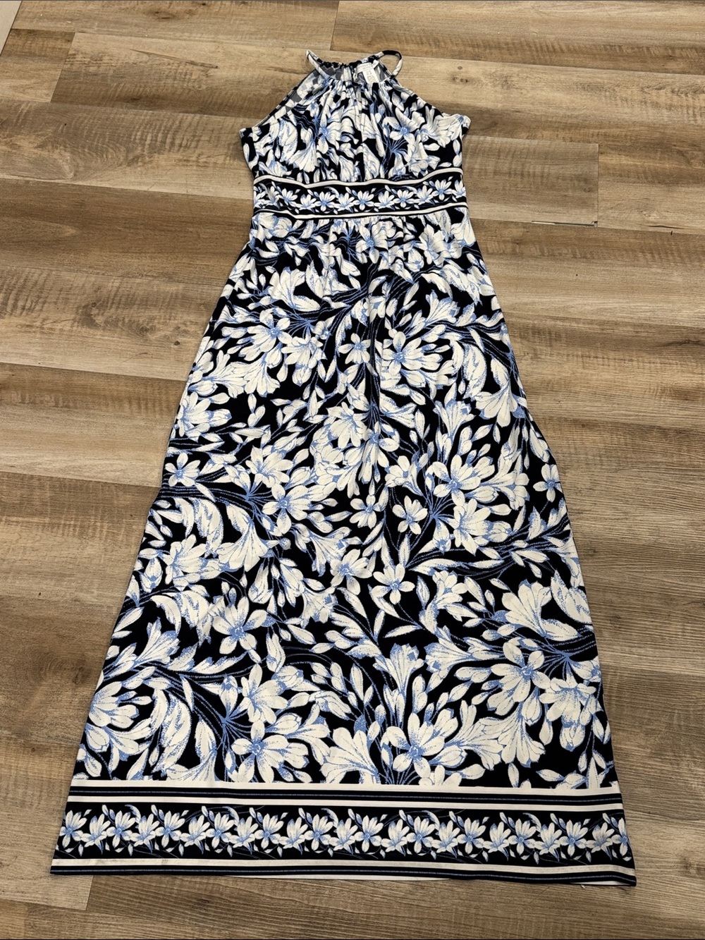 London Times Petites Navy and White Floral Halter Maxi Dress